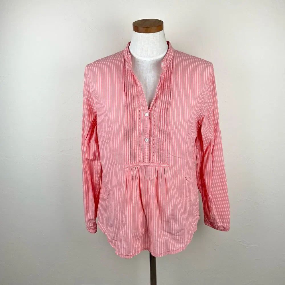 L.L. Bean Pin-Striped Ruffle Blouse - Fuschia